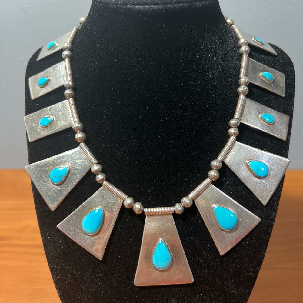 VTG Sterling Silver Turquoise Dramatic Station Cleopatra Collar Necklace